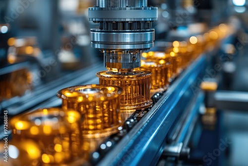 Automated Industrial Production Line with Metal Parts and Golden Cylinders