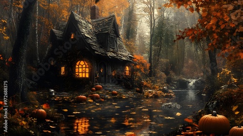 Witcha??s house in a dark forest surrounded by autumn leaves and pumpkins by the river photo