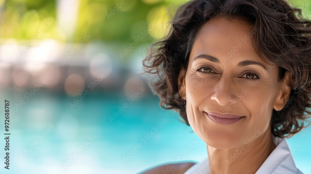 Stylish professional woman relaxing at a scenic resort, dressed casually and displaying a serene expression. Stylish professional woman relaxing at a scenic resort, dressed casually and displaying a serene expression.