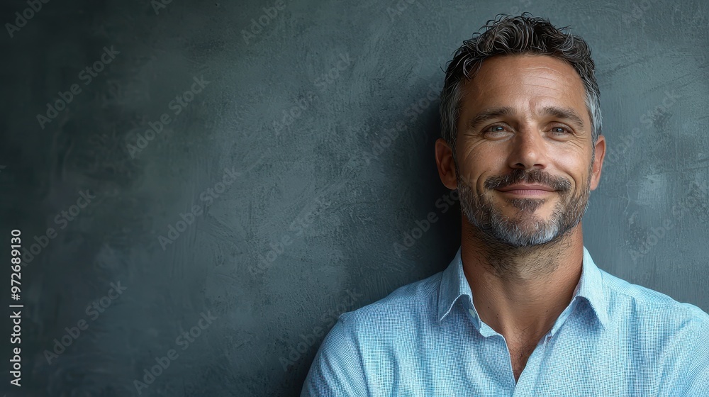 Confident 45-Year-Old Professional Man Smiling and Gazing in Office Setting