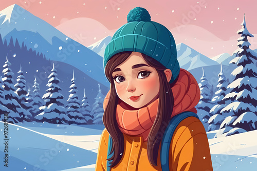 A charming digital illustration of a young girl in a cozy winter outfit, standing in a snowy mountain landscape. The girl wears a teal beanie and a warm orange scarf