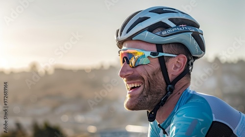 Active cyclist pedals through a city, surrounded by the concrete jungle.