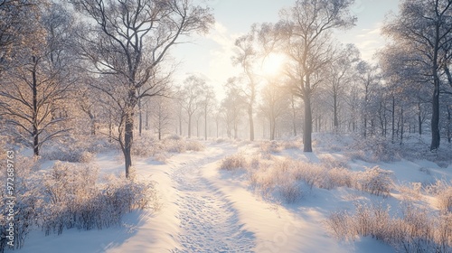 Snow-covered hiking trail winding through a forest, with tall, bare trees and a bright, clear sky. 4K hyperrealistic photo.