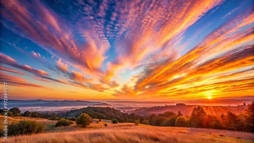 Soft pink and orange hues illuminate wispy cirrus clouds as the morning sun peeks above the horizon, casting Soft pink and orange hues illuminate wispy cirrus clouds as the morning sun peeks above the horizon, casting