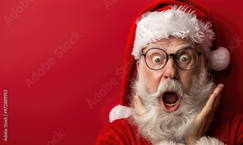 Shocked Santa Claus on Red Background with Copy Space photo