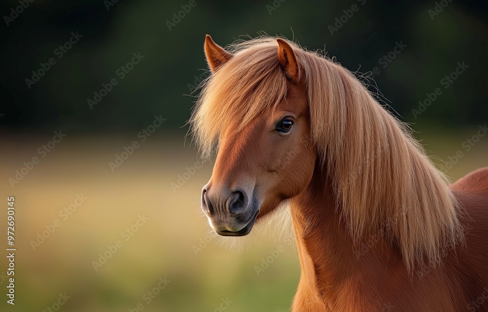 Obraz premium close-up portrait of a chestnut horse with a flowing mane, standing gracefully in a sunlit field.