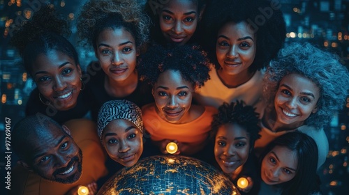 A diverse group of people of different ages and cultures standing together on a digital globe, each holding a lit candle, symbolizing unity and hope for democracy