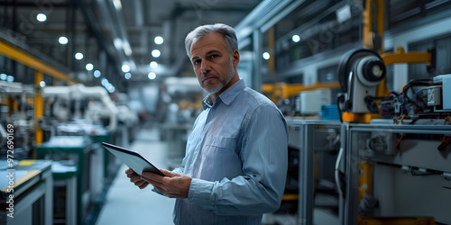 professional factory manager holding tablet in industrial environment