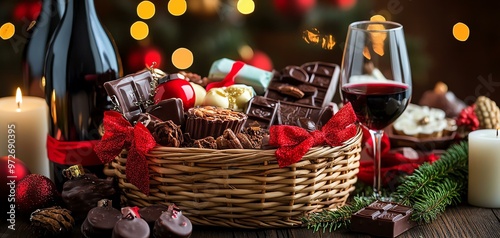 Festive Christmas gift basket with chocolates, wine, candles, and holiday decorations. Perfect for holiday celebrations and special occasions.