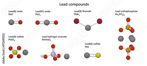 Compilation of various Lead (P) compounds: oxide, bromide, orthophosphate, sulfate, hydrogen arsenate, sulfide. 3d illustration. Isolated on white background. photo