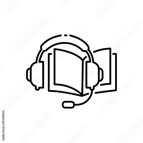 Headphones with audiobook icon, listen audio education, sound guide book, thin line symbol isolated on white background, editable stroke.
