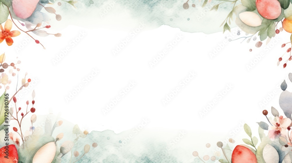 Obraz premium Watercolor Floral Border with Easter Eggs - Springtime Celebration Frame, Flowers, Leaves, Pastel Colors