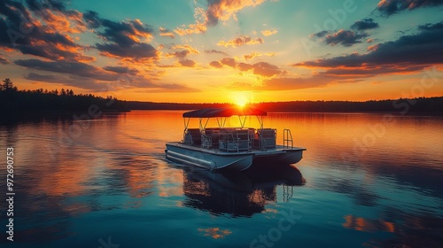 A pontoon boat sailing on a lake with a stunning sunset, capturing the idyllic and peaceful nature of a quiet evening on the water, ideal for relaxation and reflection.