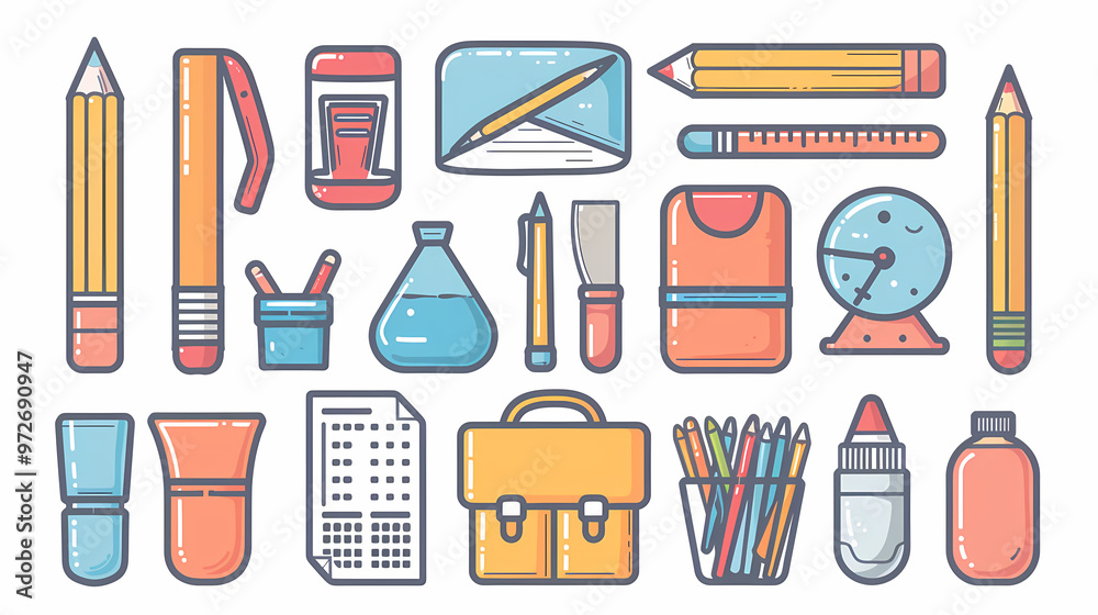 A simple vector icon illustration depicting the group of school supply items at center for a website isolated white background A simple vector icon illustration depicting the group of school supply items at center for a website isolated white background