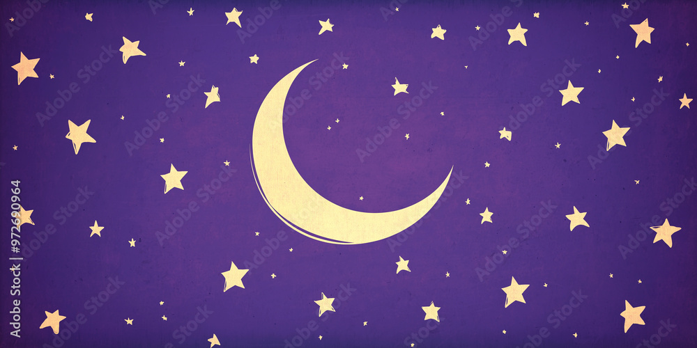 Naklejka premium A crescent moon surrounded by stars, minimal vector style illustration, purple background