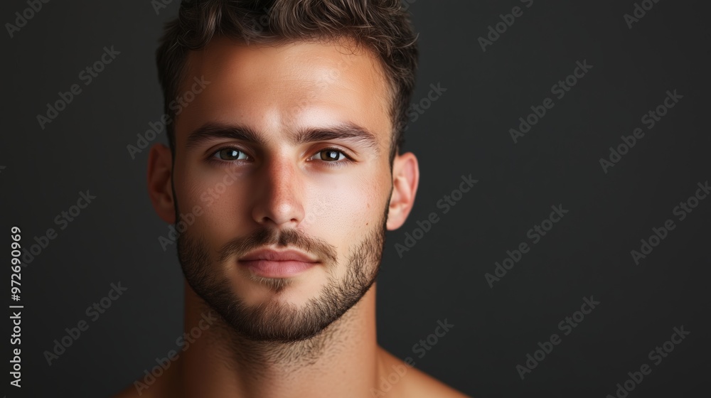 Obraz premium Portrait of a young man with a strong jawline and serene expression against a dark background, highlighting facial features and skin tone