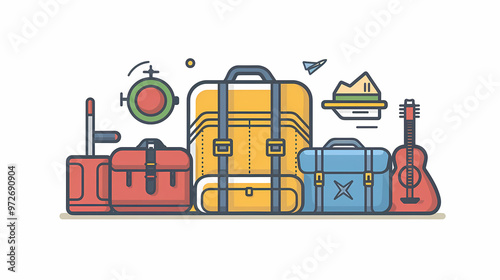 A simple vector icon illustration depicting the group of travel items at center for a website isolated white background