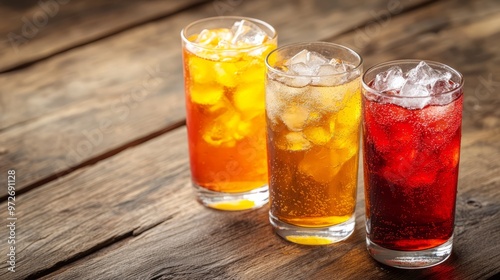 Glasses of different refreshing soda water with ice cubes on wooden table. Space for text