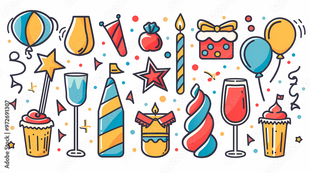 A simple vector icon illustration depicting the group of party supply items at center for a website isolated white background A simple vector icon illustration depicting the group of party supply items at center for a website isolated white background
