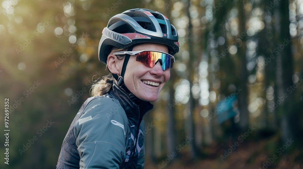 Mountain biker woman riding through a quiet forest, the trail winding through dense trees. Mountain biker woman riding through a quiet forest, the trail winding through dense trees.