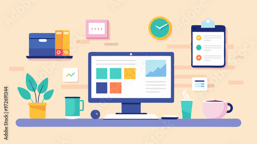 Modern workplace with computer, decorative plants and neatly organized office supplies.