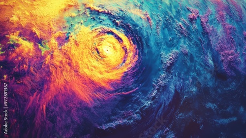 Heatmap of a coastal region during a hurricane, with vibrant colors showing the storm's intensity and cooler tones in the calmer surrounding areas. 4K hyperrealistic photo.