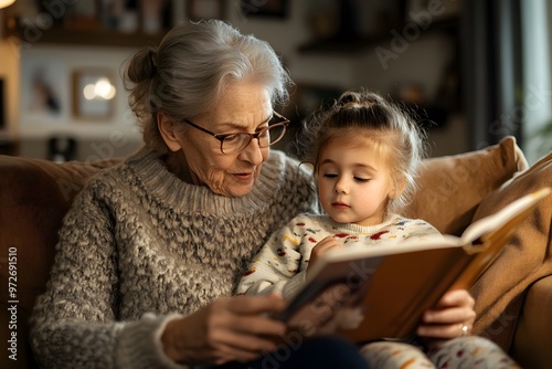 Grandmother reading a book to her granddaughter in a cozy setting