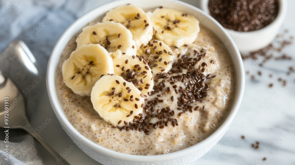 A bowl of overnight oats with almond butter, banana slices, and a sprinkle of flax seeds.