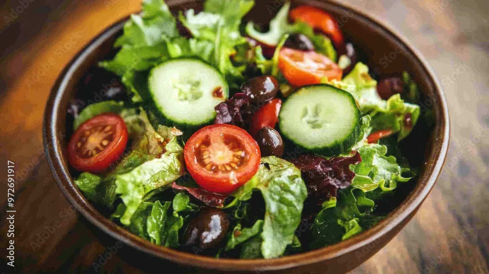 A bowl of mixed greens salad with cherry tomatoes, cucumber, olives, and a lemon A bowl of mixed greens salad with cherry tomatoes, cucumber, olives, and a lemon