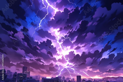 A vibrant anime wallpaper depicting a dramatic lightning storm, showcasing dynamic colors and striking visual effects