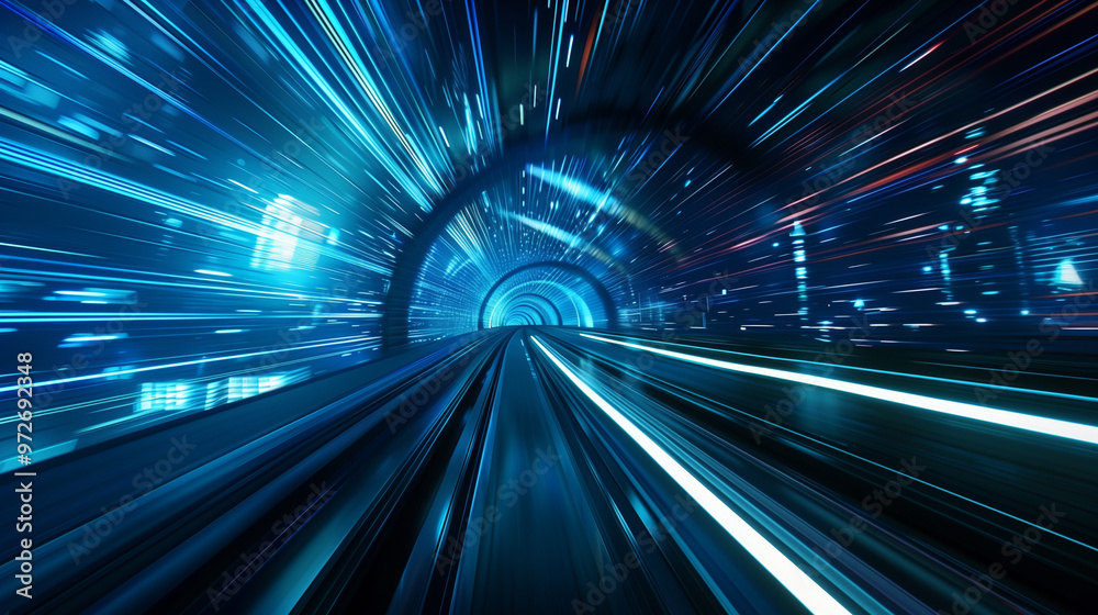 A high-speed journey through a futuristic digital tunnel with vibrant blue light trails and motion blur A high-speed journey through a futuristic digital tunnel with vibrant blue light trails and motion blur