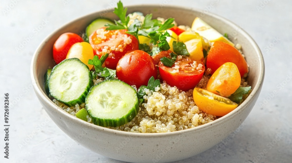 A bowl of quinoa salad with mixed vegetables, cherry tomatoes, cucumbers, and a light A bowl of quinoa salad with mixed vegetables, cherry tomatoes, cucumbers, and a light