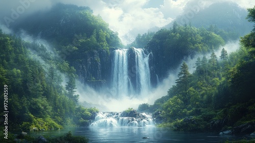 Serene waterfall cascading through lush green mountains and mist.