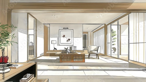 Elegant JapaneseInspired Living Space A D Rendered Interior Embracing Minimalist Design and ZenLike photo