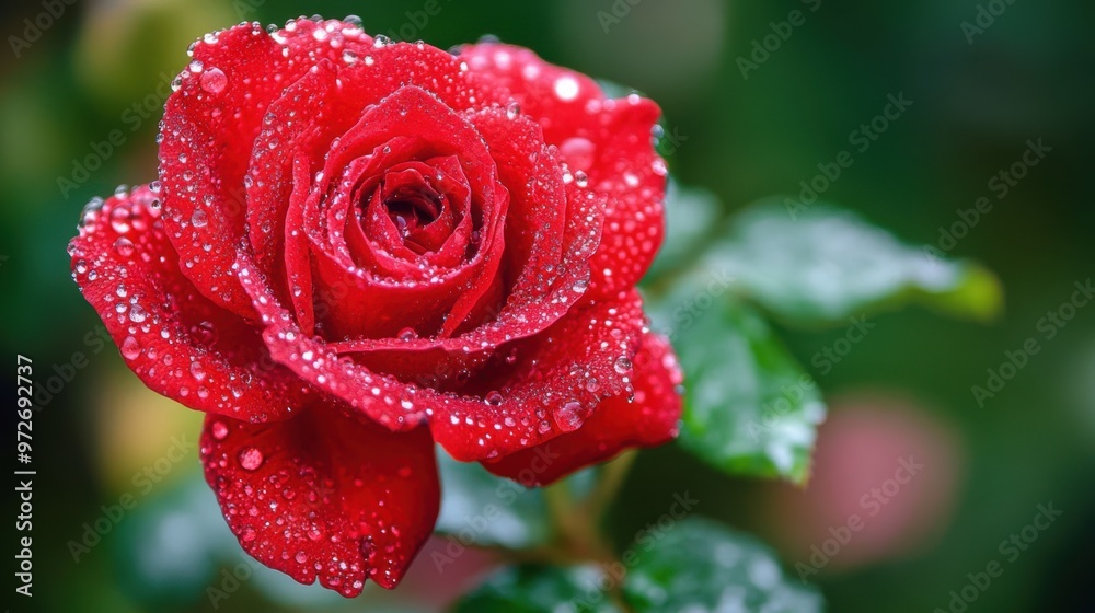 A bright red rose with morning dew, each droplet glistening like diamonds on its petals. A bright red rose with morning dew, each droplet glistening like diamonds on its petals.