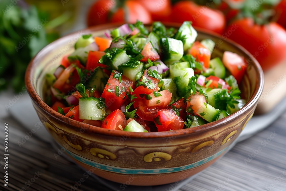 Fresh vegetable salad preparation with cucumbers, tomatoes, and herbs in a rustic bowl on a wooden kitchen table Fresh vegetable salad preparation with cucumbers, tomatoes, and herbs in a rustic bowl on a wooden kitchen table