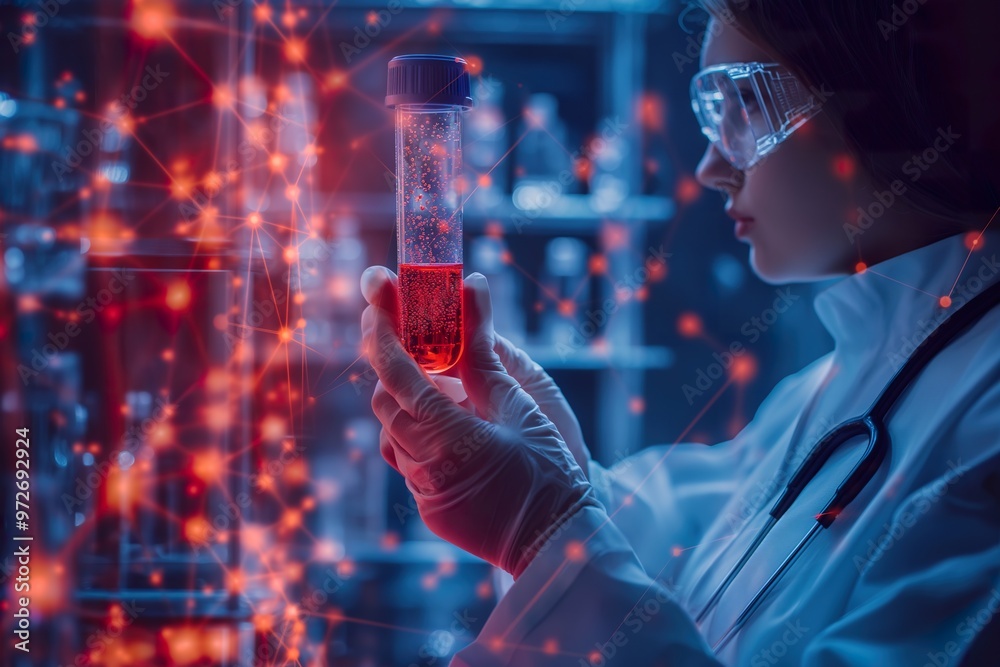 Scientist analyzing medical testing vials in a laboratory setting during a research experiment Scientist analyzing medical testing vials in a laboratory setting during a research experiment