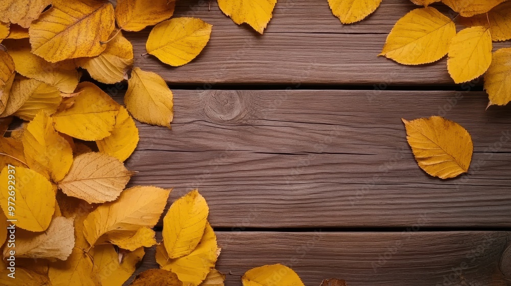 A wooden table with yellow leaves on it, AI A wooden table with yellow leaves on it, AI