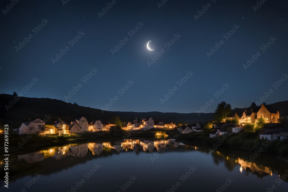 Fototapeta premium A bright crescent moon in a starry sky casting soft light over a quiet village, AI Generated