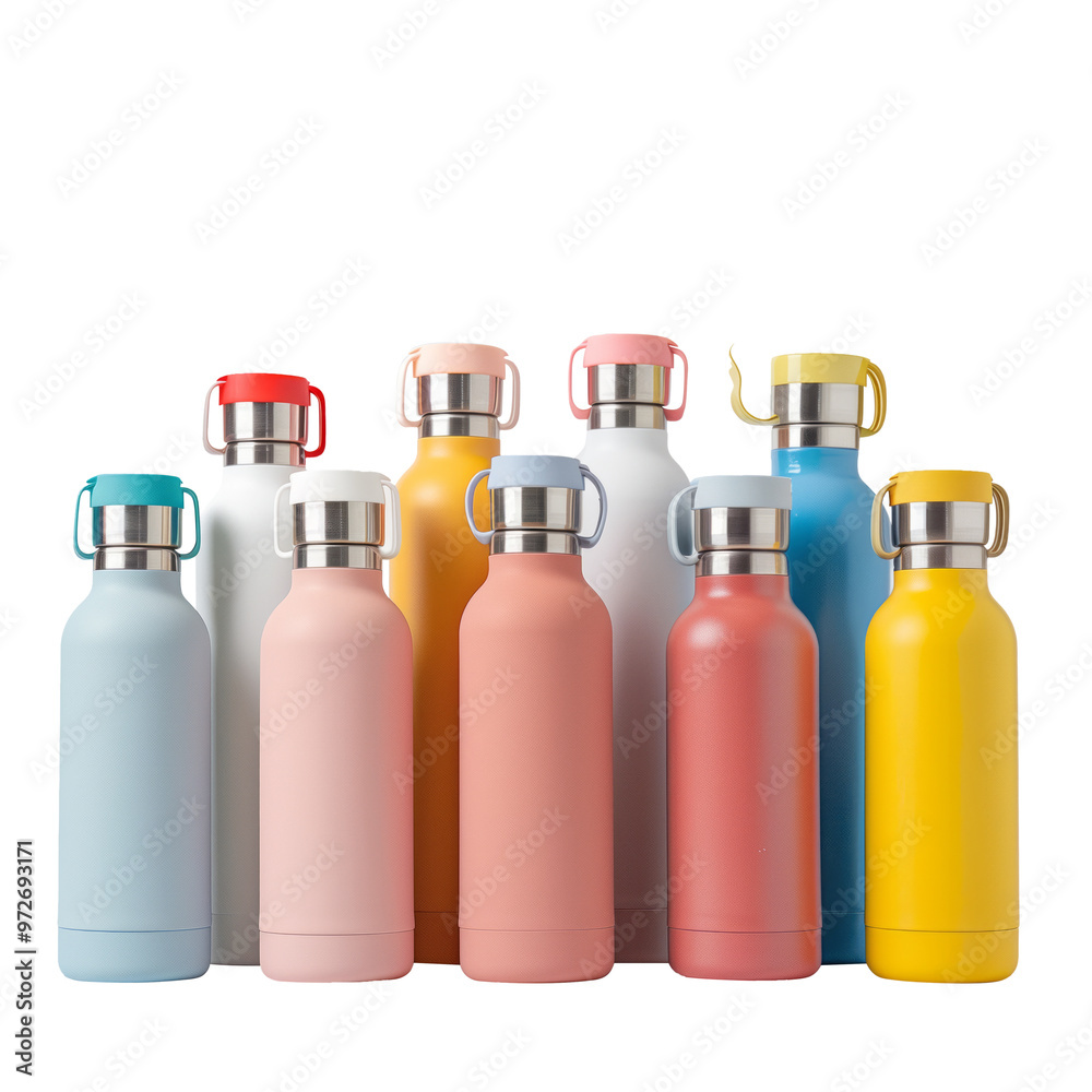 Reusable water bottles set isolated Reusable water bottles set isolated
