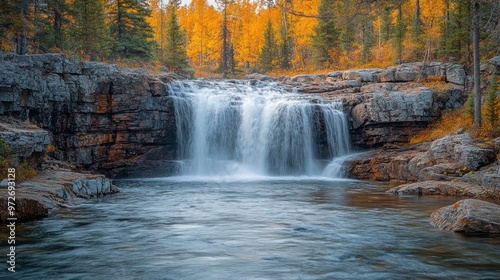 Serene waterfall surrounded by autumn foliage and rocky landscape.