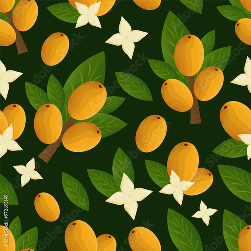 Sea buckthorn branches with orange berries and green leaves seamless pattern on dark green background. Natural plant twigs with fresh seabuckthorn fruits, vector realistic illustration