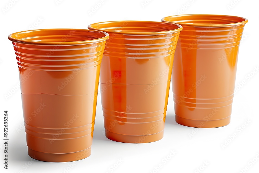 Three wrinkly orange plastic cups arranged neatly and isolated on a clean white background for design or party use Three wrinkly orange plastic cups arranged neatly and isolated on a clean white background for design or party use