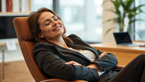 Calm smiling businesswoman relaxing at comfortable office chair hands behind head, happy woman resting in office satisfied after work done, enjoying break with eyes closed, peace of mind, no stress. photo