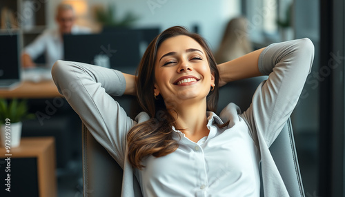 Calm smiling businesswoman relaxing at comfortable office chair hands behind head, happy woman resting in office satisfied after work done, enjoying break with eyes closed, peace of mind, no stress.