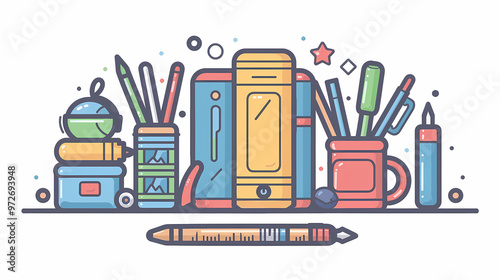 A simple vector icon illustration depicting the group of office supply items at center for a website isolated white background