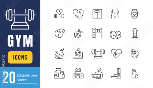 Set of Gym Related Vector Line Icons. Contains such Icons as Gym, Sports Equipment, Exercises, and more. Editable Stroke.