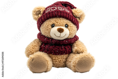 a stuffed bear wearing a hat and scarf