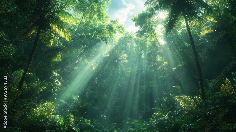 Naklejka premium Lush green forest with sunlight filtering through the canopy.