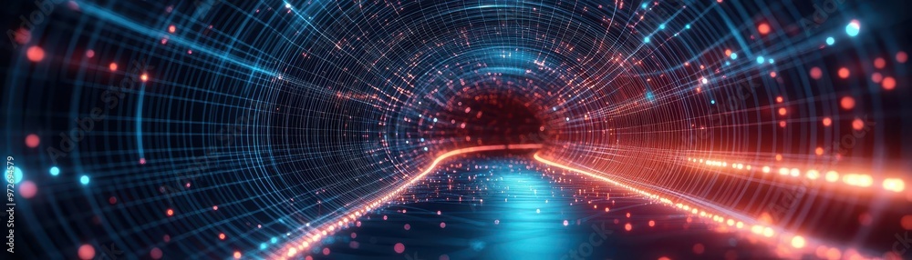 Abstract wireframe tunnel with glowing edges, top view, portraying interconnectedness, digital tone, Triadic Color Scheme Abstract wireframe tunnel with glowing edges, top view, portraying interconnectedness, digital tone, Triadic Color Scheme